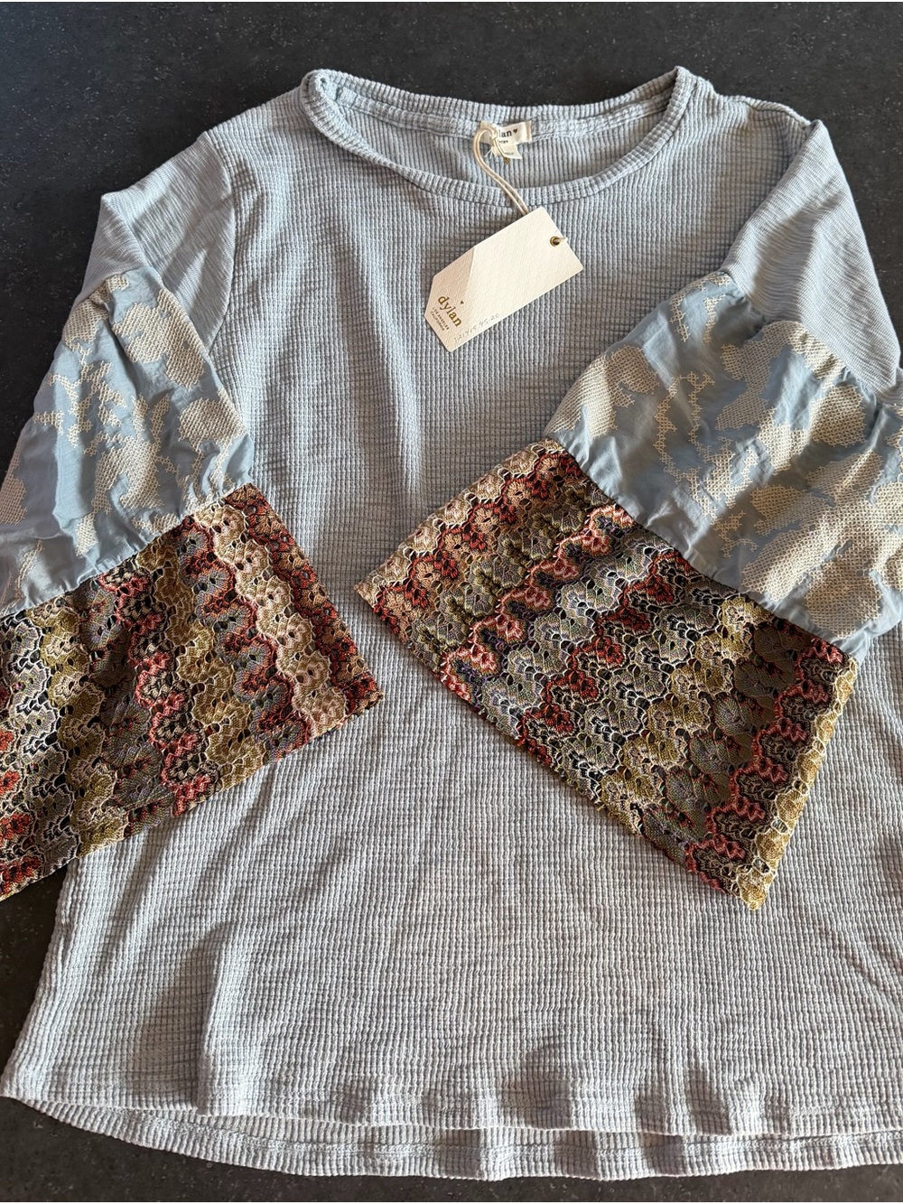 Dylan Los Angeles Women’s Large Blue Mixed Lace Bell Sleeve Top NWT